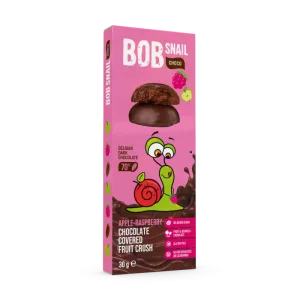 Snack fructat din mere si zmeura in ciocolata neagra, 30g, Bob Snail