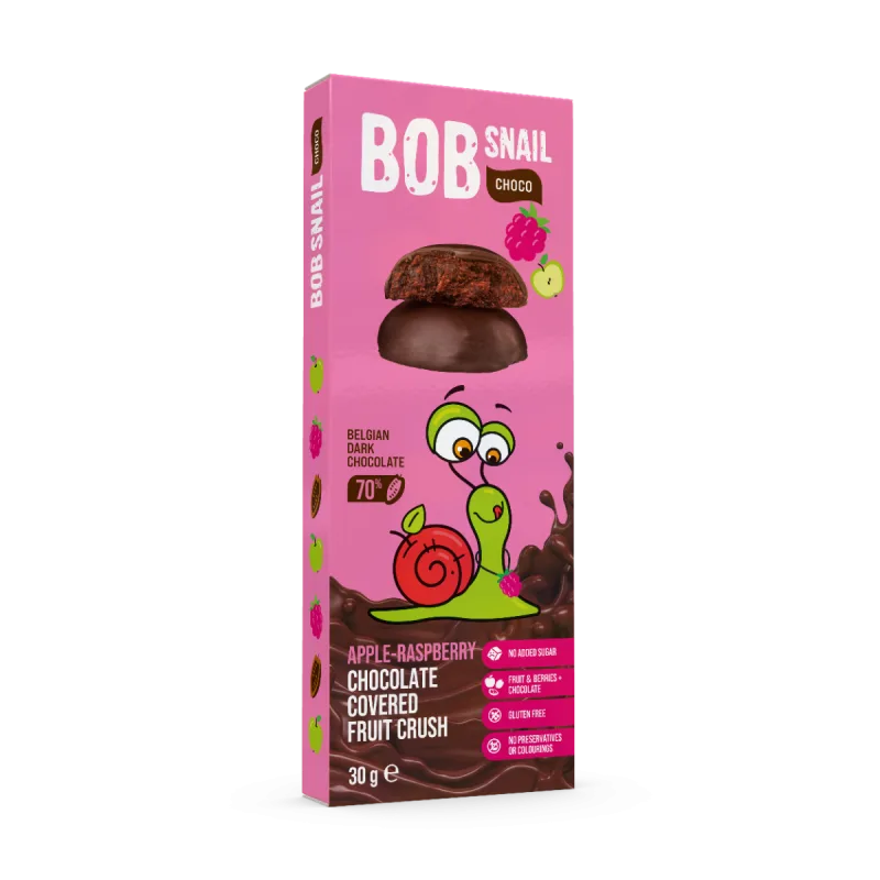 Snack fructat din mere si zmeura in ciocolata neagra, 30g, Bob Snail — preț și oferte