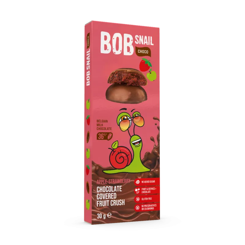 Snack fructat din mere si capsuni in ciocolata cu lapte, 30g, Bob Snail — preț și oferte