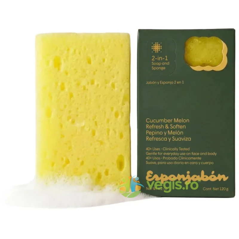 Burete de Baie si Sapun Incorporat 2 in 1 cu Efect Hidratant cu Extract de Castraveti si Pepene Galben 120g ESPONJABON — preț și oferte