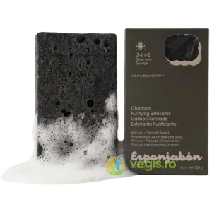 Burete de Baie si Sapun Incorporat 2 in 1 cu Efect Purifiant si Exfoliant cu Carbune Activ 120g