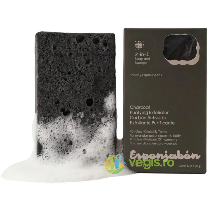 Burete de Baie si Sapun Incorporat 2 in 1 cu Efect Purifiant si Exfoliant cu Carbune Activ 120g ESPONJABON — preț și oferte