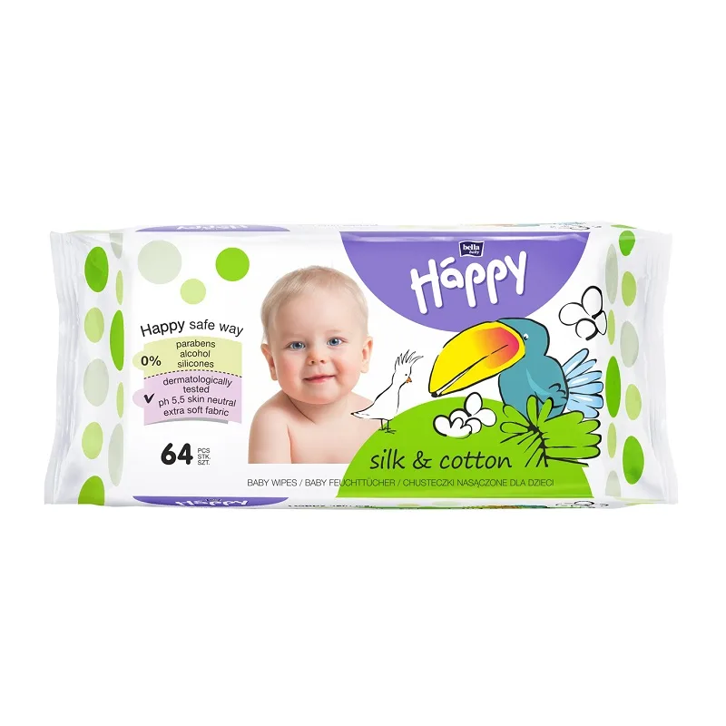 Servetele umede Happy Silk & Cotton, 64 bucati, Bella Baby — preț și oferte