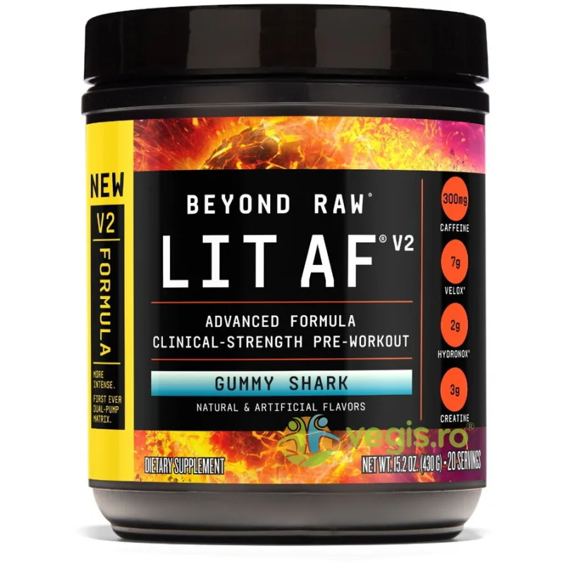 Formula Avansata de Pre-Workout LIT AF™ V2 cu Aroma de Gummy Shark 430g BEYOND RAW — preț și oferte