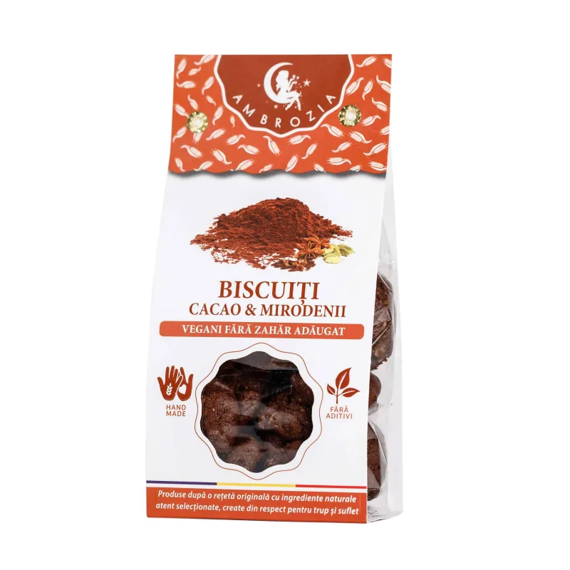 BISCUITI VEGANI CU CACAO SI MIRODENII, fara zahar – 130g - Hiper Ambrozia — preț și oferte