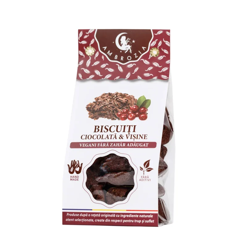BISCUITI VEGANI CU CIOCOLATA SI VISINE, fara zahar, 130g - Hiper Ambrozia — preț și oferte