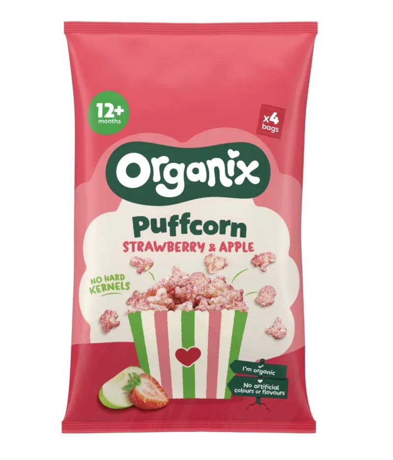 Puffcorn Bio Snack Căpșuni și Mere, 12L+, 10 g × 4 Bucăți, Organix – Pachet Avantajos — preț și oferte