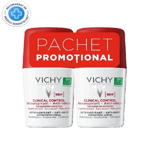 Vichy Clinical Control Roll-On anti-transpirant 96H fara alcool 50 ml 2 flacoane bipack, L'Oréal — preț și oferte