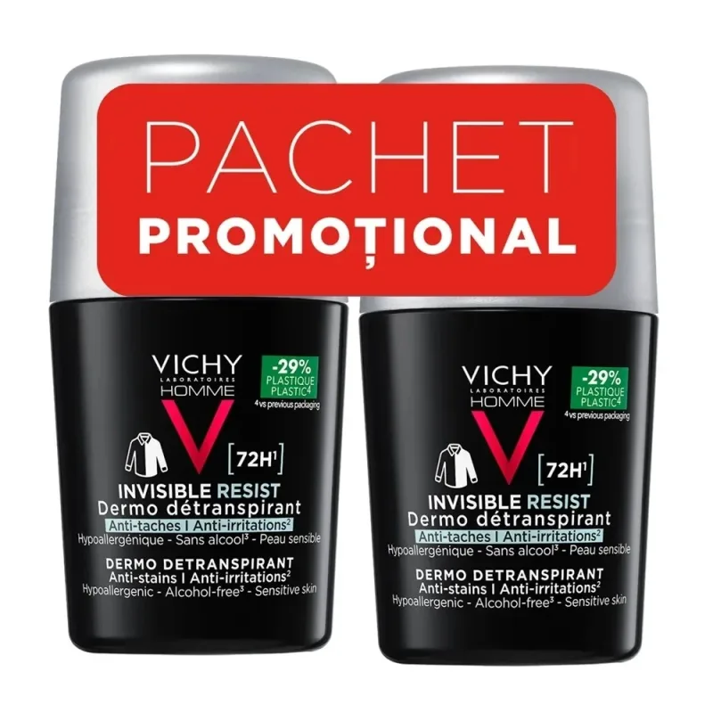 Vichy Homme Invisible Resist Deo Roll-On 72h 50 ml 2 flacoane bipack — preț și oferte