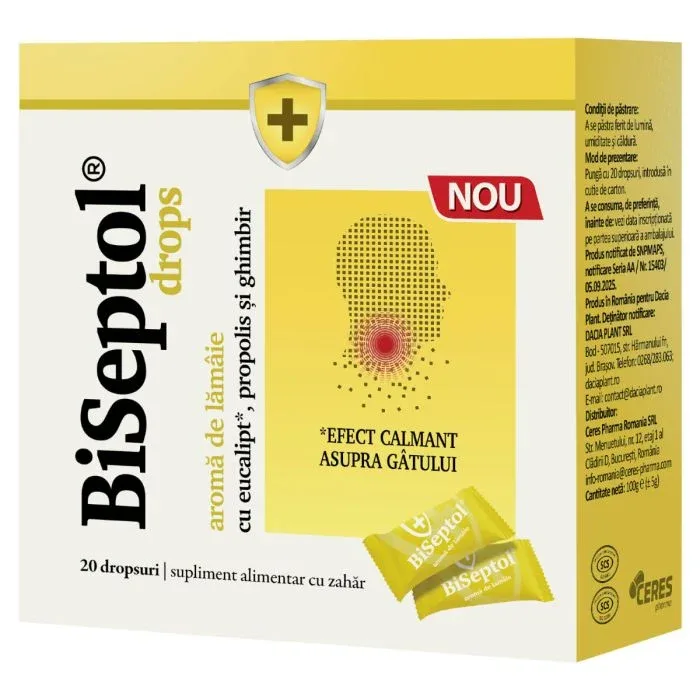 Biseptol drops aroma lamaie cu eucalipt, propolis si ghimbir 20 dropsuri, Dacia Plant — preț și oferte