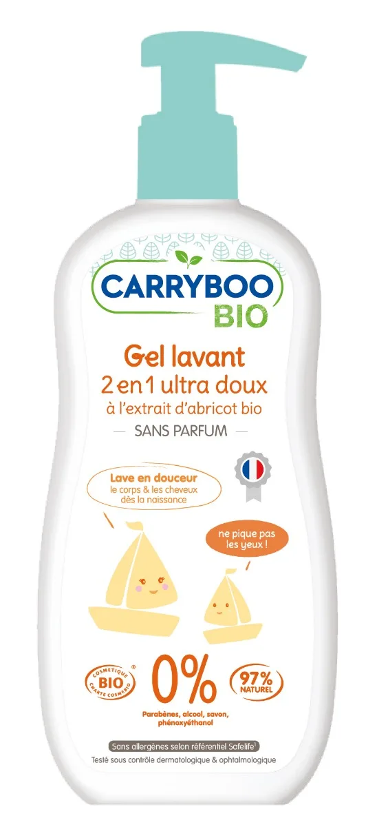 Sampon si gel dus delicat pentru beleusi, fara parfum, cu extract de caise BIO, 500ml, Carryboo — preț și oferte