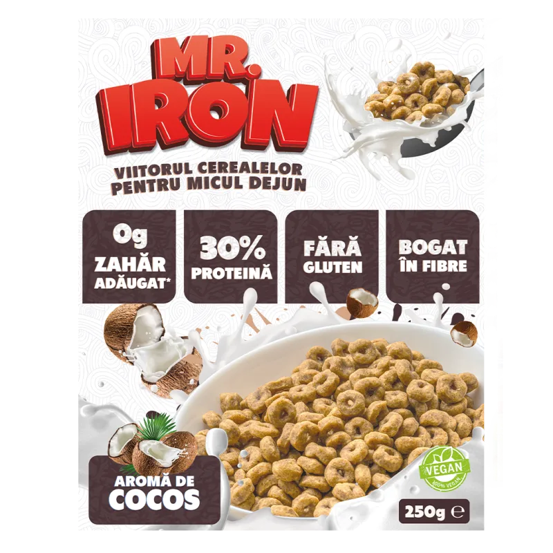 Cereale cu 30% proteina fara zahar low-carb gluten free si vegane Cocos, 250g, Mr. Iron — preț și oferte