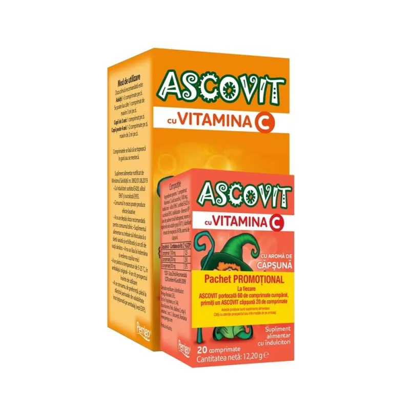Ascovit cu aroma de portocala 100 mg 60 comprimate + Ascovit cu aroma de capsuna 100 mg 20 comprimate — preț și oferte