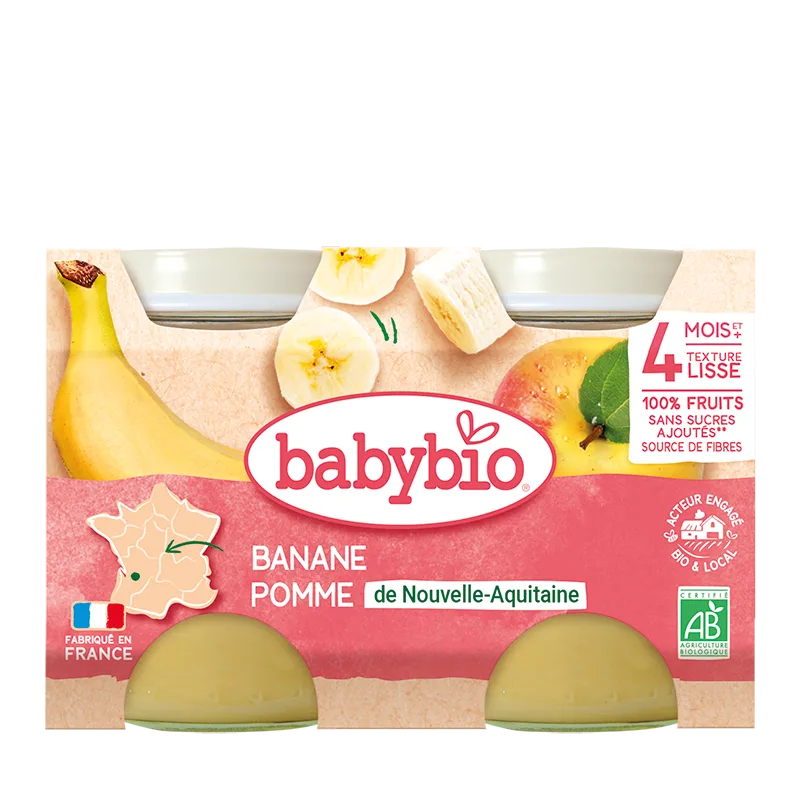 Piure de mere si banane Bio, 2 x 130g, BabyBio — preț și oferte