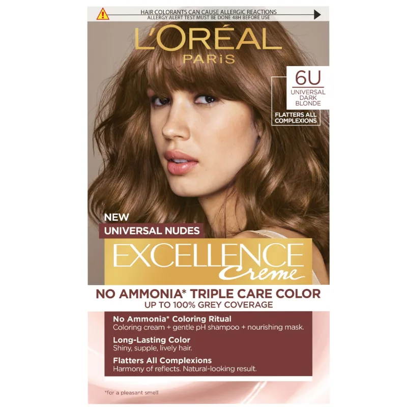 Vopsea de par permanenta fara amoniac Excellence Universal Nudes 6U Dark Blonde, 192ml, L'Oreal Paris — preț și oferte