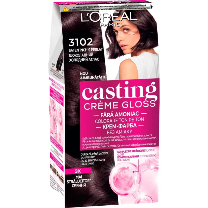 Vopsea de par semi-permanenta fara amoniac Casting Creme Gloss 3102 Saten Inchis Perlat, 180ml, L'Oreal Paris — preț și oferte