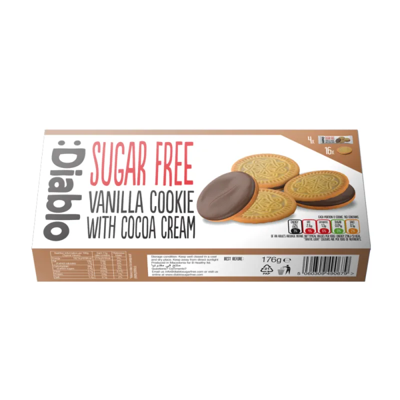 Biscuiti cu vanilie fara zahar cu umplutura de ciocolata, 176g, Diablo — preț și oferte