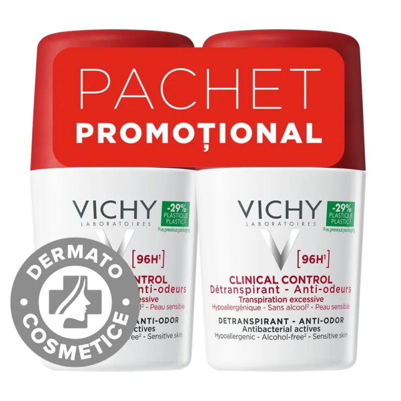 Pachet Deodorant roll-on Clinical Control 96H Antitranspirant, 2 x 50ml, Vichy — preț și oferte