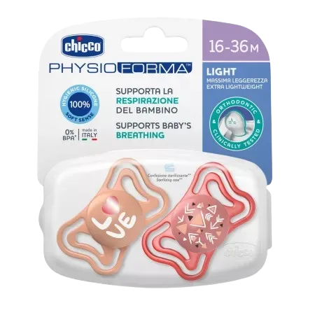 Suzete din silicon pentru copii 16-36 luni PhysioForma Light Glow Roz, 2 bucati, Chicco — preț și oferte