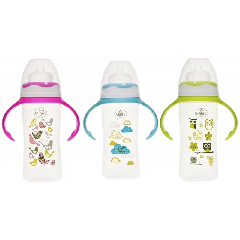 Biberon cu gat larg, tetina si manere pentru +3luni Baby, 270ml, Minut — preț și oferte