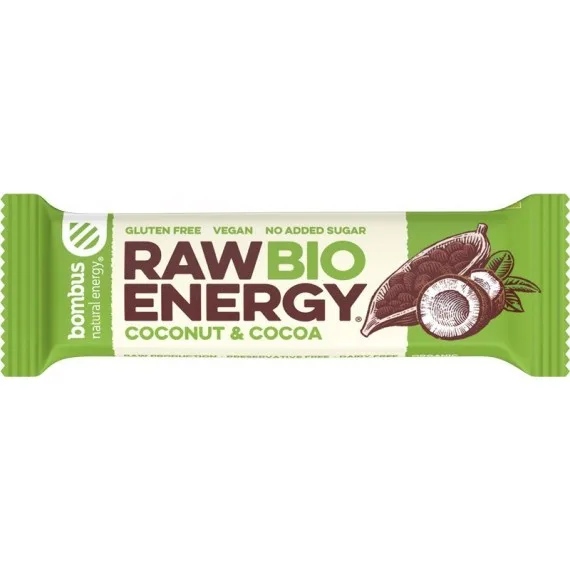 Baton energizant bio cu nuca de cocos si cacao Raw Energy, 50g, Bombus — preț și oferte