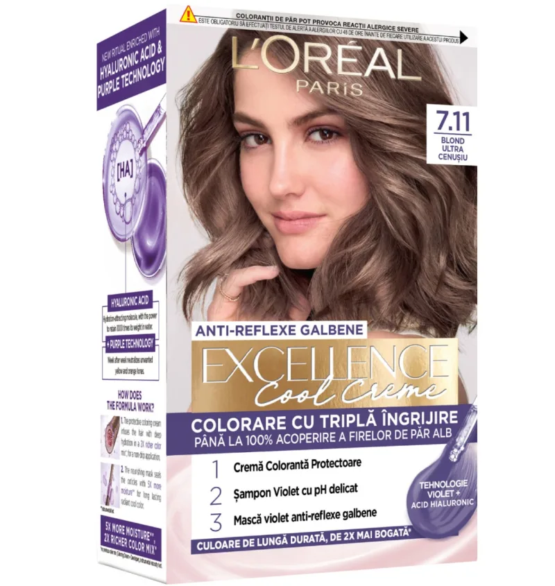 Vopsea de par permanenta Excellence Cool Creme 7.11 Blond Ultra-Cenusiu, 192ml, L'Oreal Paris — preț și oferte