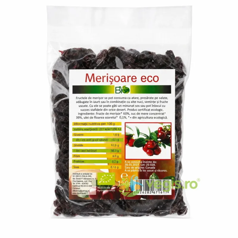 Merisoare Uscate Indulcite cu Suc de Mere Ecologice/Bio 150g Deco Italia — preț și oferte