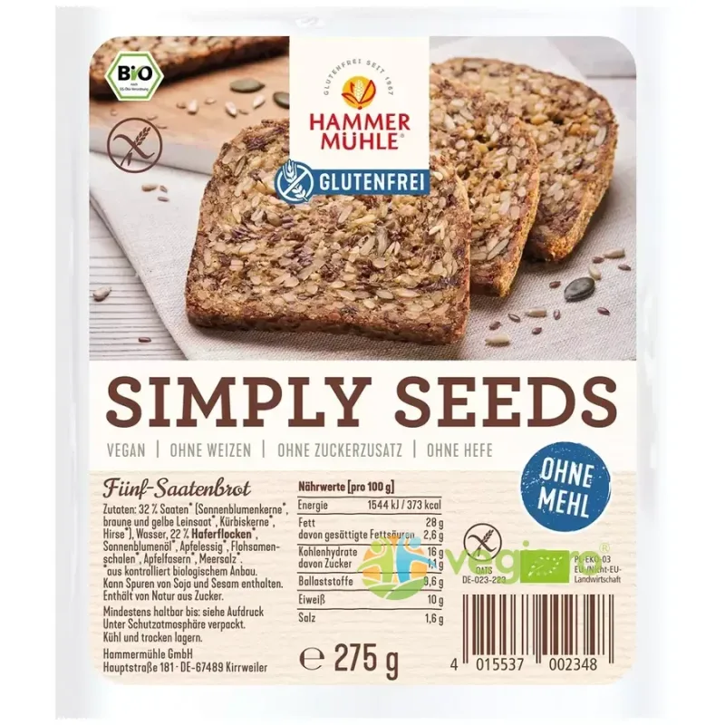 Paine cu Seminte fara Gluten Ecologica/Bio 275g HAMMER MUHLE — preț și oferte
