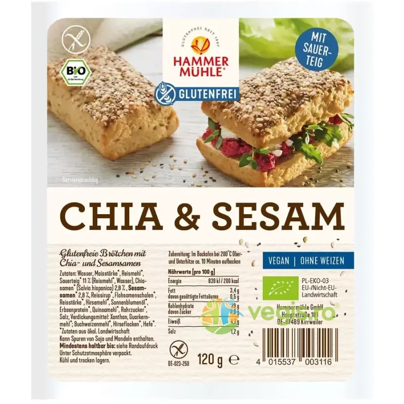 Chifle cu Chia si Susan fara Gluten Ecologice/Bio 2x60g HAMMER MUHLE — preț și oferte