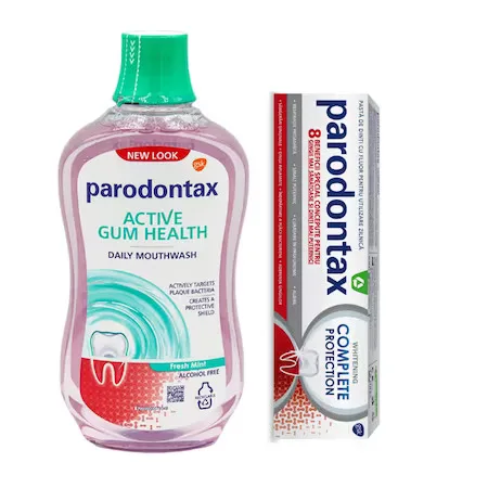 Pachet Pasta de dinti Complete Protection Whitening 75ml + Apa de gura fara alcool Daily Gum Care Fresh Mint 500ml, Parodontax — preț și oferte