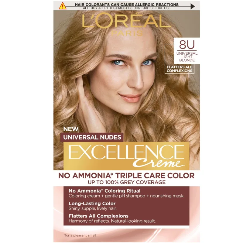 Vopsea de par permanenta fara amoniac Excellence 8U Universal Light Blonde, 192ml, L'Oreal Paris — preț și oferte