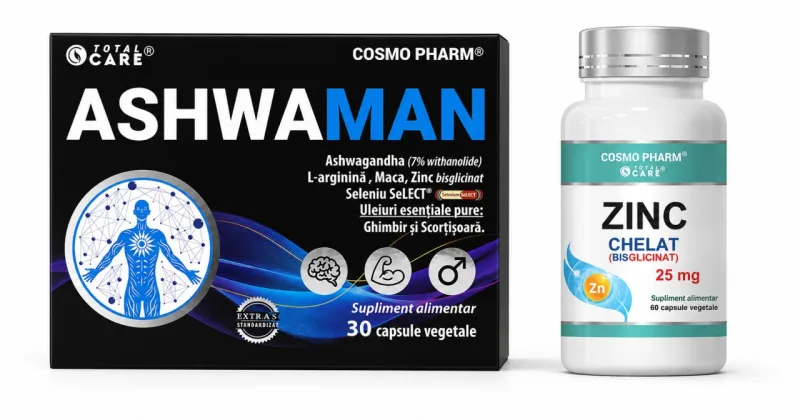 AshwaMan, 30 Capsule Vegetale + Zinc Chelat Bisglicinat, 60 Capsule, Cosmopharm — preț și oferte