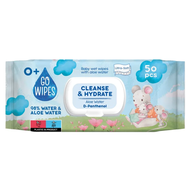 Servetele umede pentru copii cu apa de aloe si D-Pantenol, 50 bucati, Go Wipes — preț și oferte