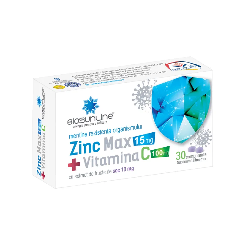 Zinc Max 15mg + Vitamina C 100mg, 30 comprimate, BioSunLine — preț și oferte