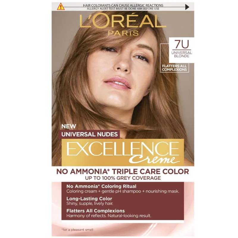 Vopsea de par permanenta fara amoniac Excellence Universal Nudes 7U Blonde, 192ml, L'Oreal Paris — preț și oferte