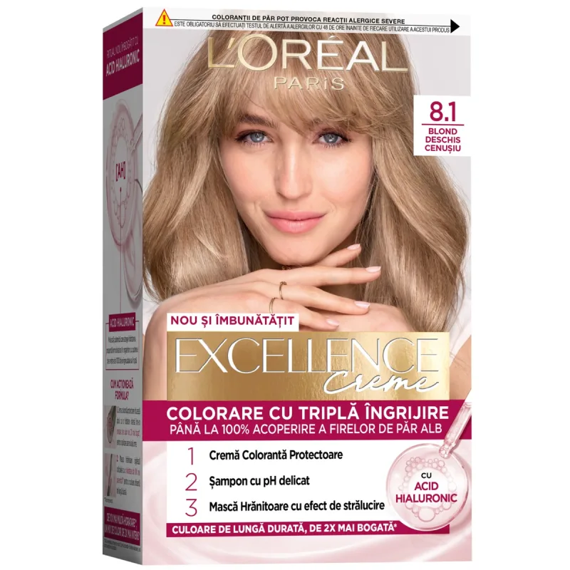 Vopsea de par permanenta Excellence Creme 8.1 Blond Deschis Cenusiu, 192ml, L'Oreal Paris — preț și oferte