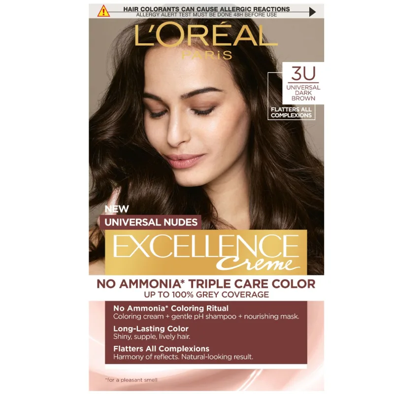 Vopsea de par permanenta fara amoniac Excellence 3U Universal Nudes Dark Brown, 192ml, L'Oreal Paris — preț și oferte