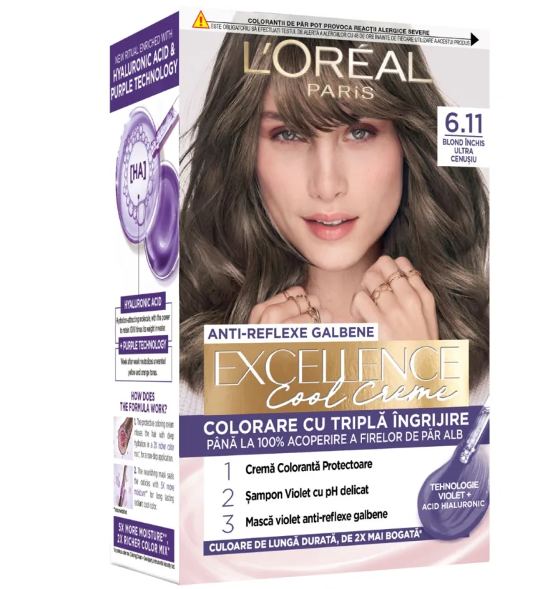 Vopsea de par permanenta Excellence Cool Creme 6.11 Blond Inchis Ultra-Cenusiu, 192ml, L'Oreal Paris — preț și oferte