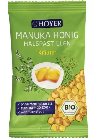 Dropsuri cu Ierburi și Miere de Manuka 250+ Bio, 30 g, Hoyer