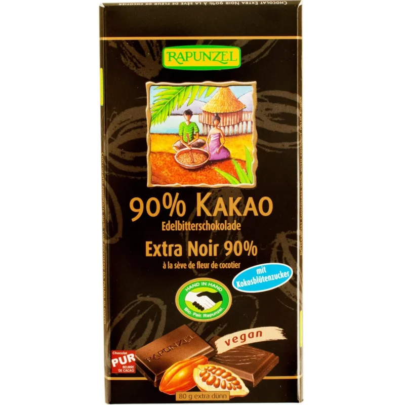 Ciocolată Eco Amăruie cu 90% Cacao și Zahăr din Flori de Cocos, 80 g, Rapunzel — preț și oferte