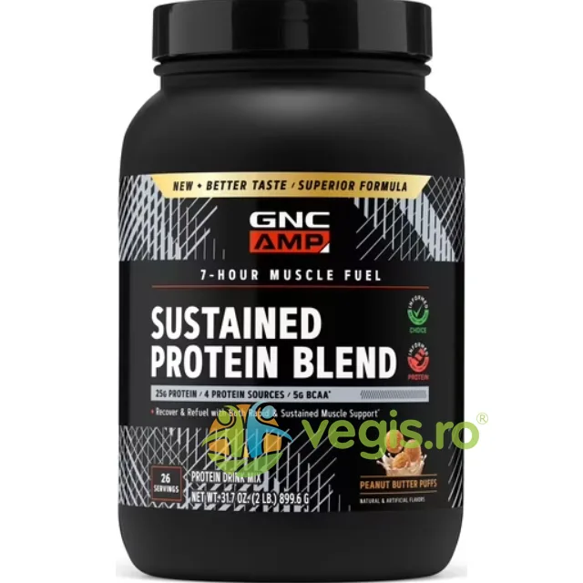 Amestec Proteic cu Aroma de Pufuleti cu Unt de Arahide Amp Sustained Protein Blend 899.6g GNC — preț și oferte