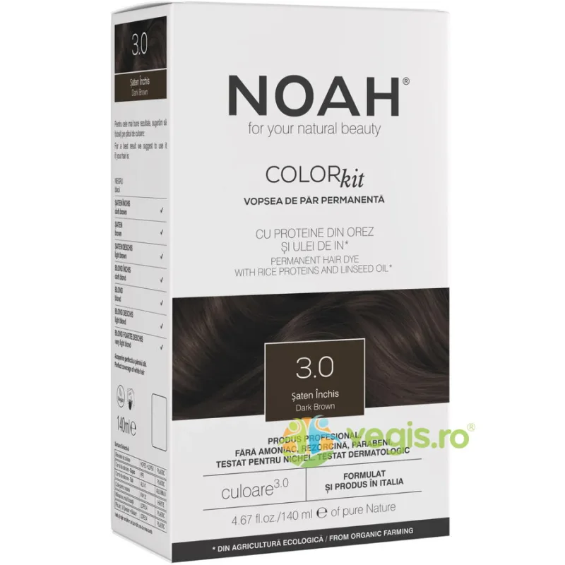 Vopsea de Par Permanenta cu Proteina de Orez si Ulei de In fara Amoniac Nuanta 3.0 Saten Inchis 140ml NOAH — preț și oferte