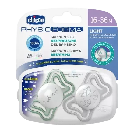 Suzete din silicon pentru copii 16-36 luni PhysioForma Light Glow Unisex, 2 bucati, Chicco — preț și oferte