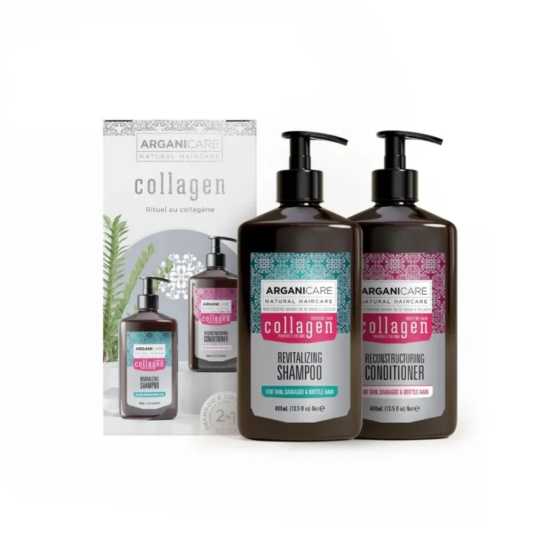 Set Sampon & Balsam cu colagen si ulei de argan pentru par subtire deteriorat sau fragil, Arganicare — preț și oferte