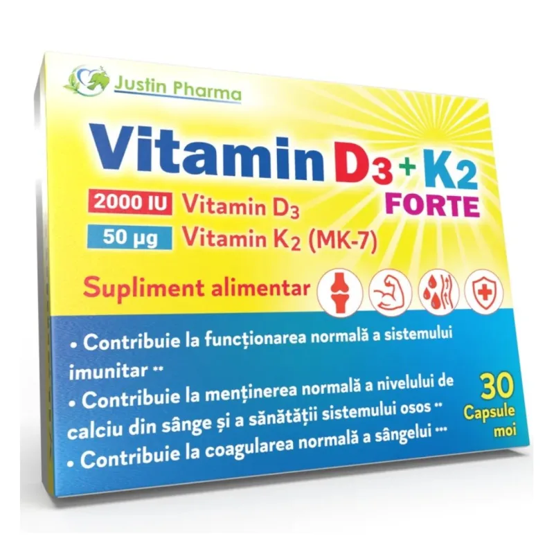 Vitamin D3+K2 Forte, 30 capsule moi, Justin Pharma — preț și oferte