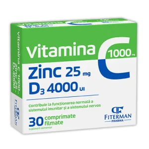 Vitamina C 1000 mg + Zinc 25 mg + D3 4000 UI, 30 bucati, Fiterman