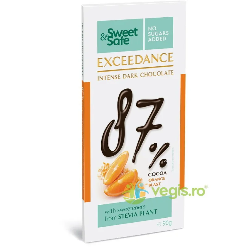 Ciocolata Intens Amaruie 87% cu Portocala si Indulcitor Stevie Sweet&Safe 90g SLY NUTRICIA — preț și oferte