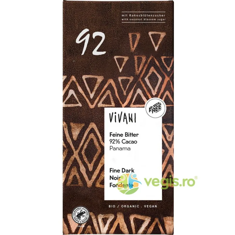 Ciocolata Amaruie 92% Cacao cu Zahar de Cocos Ecologica/Bio 80g VIVANI — preț și oferte