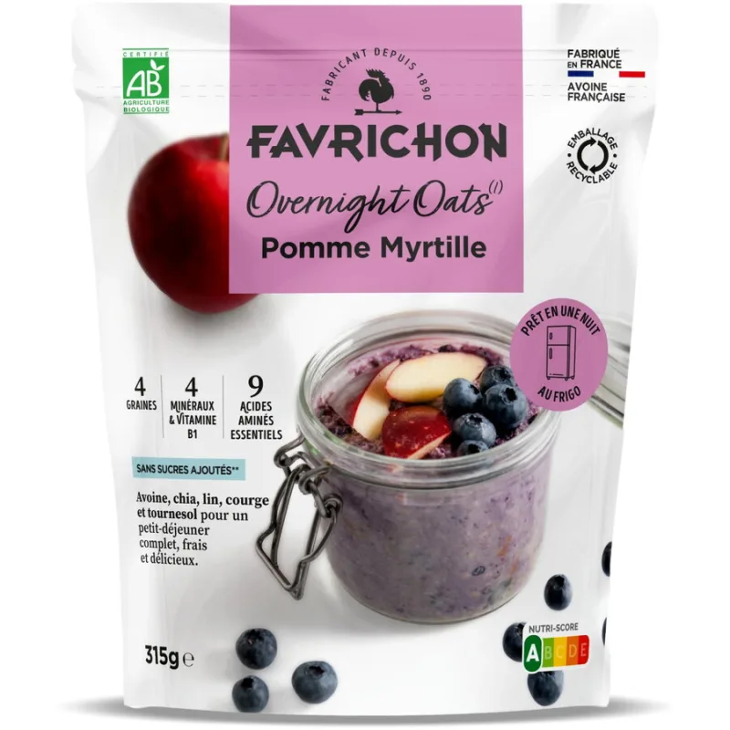 Cereale din Ovaz cu Mar si Afine (Preparare peste Noapte) Ecologice/Bio 315g FAVRICHON — preț și oferte