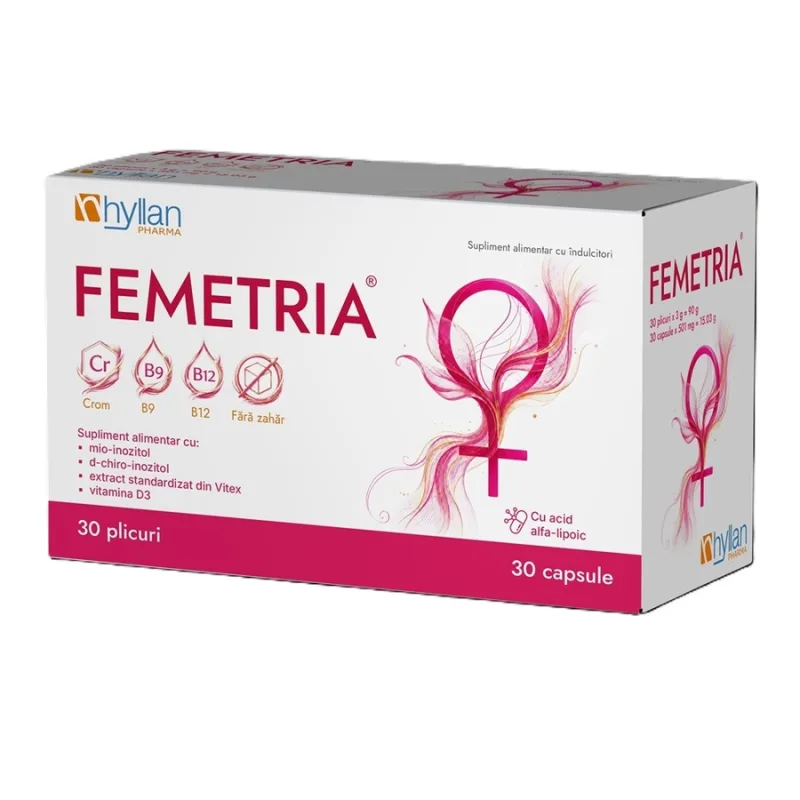 Femetria cu mio-inozitol, Vitex, Quatrefolic și acid alfa-lipoic, 30 plicuri + 30 capsule, Hyllan HYLLAN PHARMA — preț și oferte